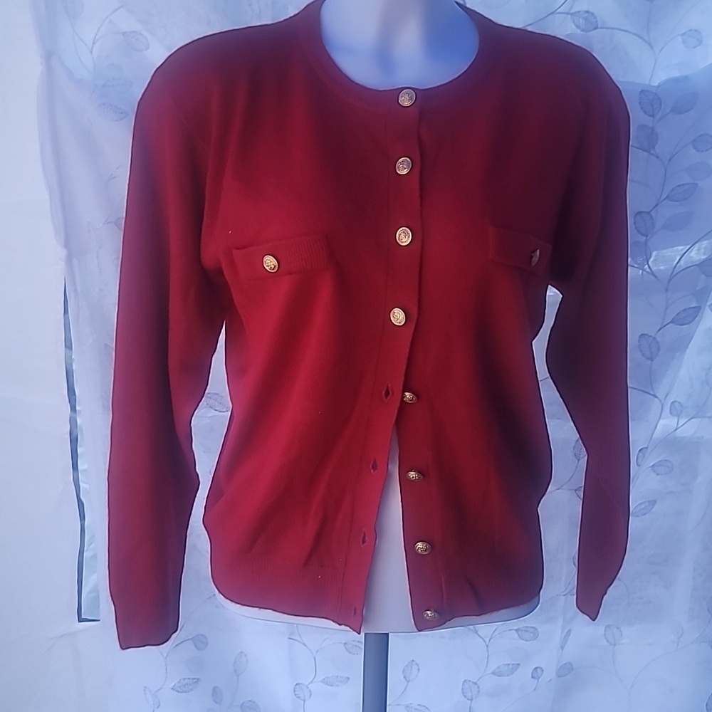Red "Milano" sweater, size M, gold buttons.